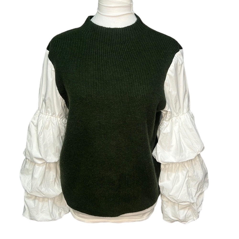 On Twelfth Contrast Puffy Sleeves Sweater